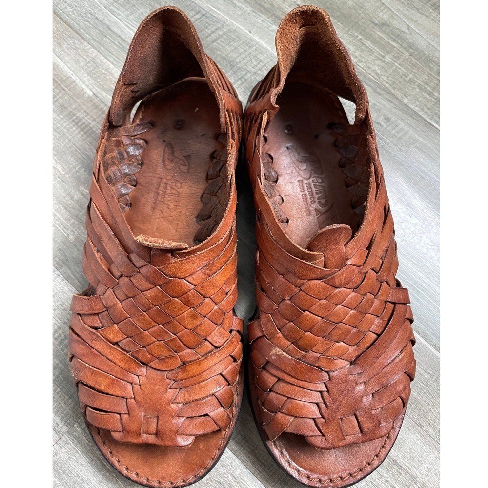 Brand X Leather Huarache Sandals Woven Mexico Boho Lug Sole Retro Size 8 Brown